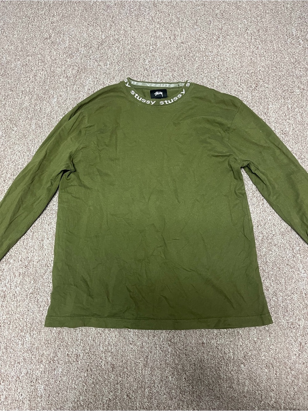 Stussy Olive Green Long Sleeve Logo Neck Tee